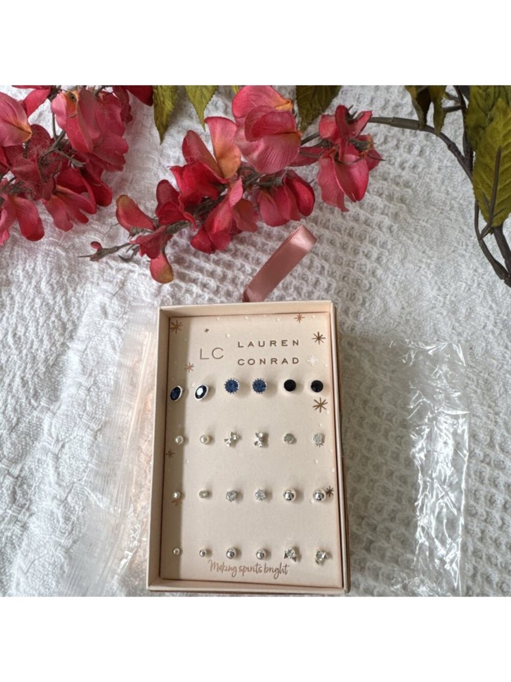 LC Lauren Conrad Gift Set 12 Pairs Blue SIlver Rhinestone Stud Earrings Pearls